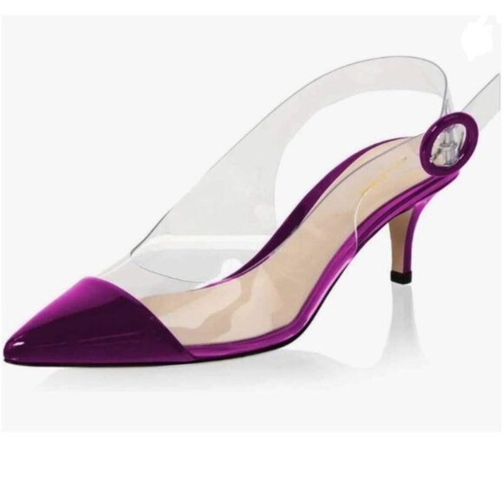 XYD Purple Transparent Slingback Kitten Heels Pumps Pointed Toe PVC Dress Sandal